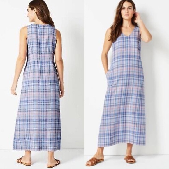 J JILL Love 100% Linen Plaid Sleeveless Maxi Dress Blue Coastalcore Sz S - Picture 1 of 8